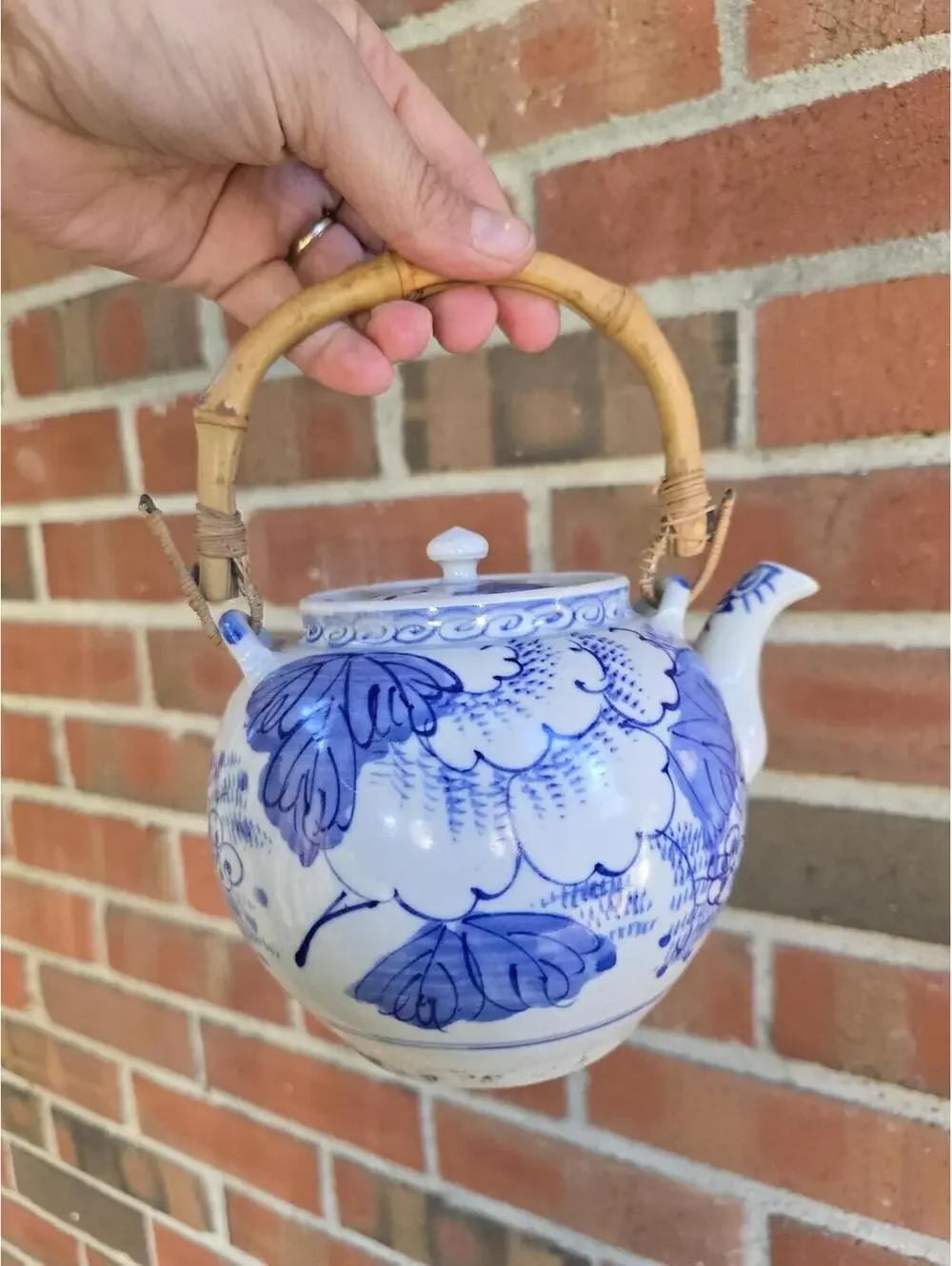 Vintage Blue & White Porcelain Teapot with Bamboo Handle Chinoiserie